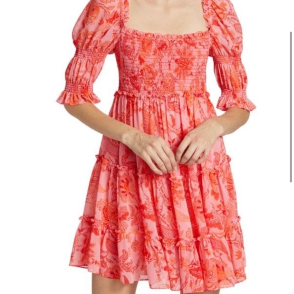 Cinq a Sept Jacky Puff-sleeve Smocked English Rose mini dress Size 4
